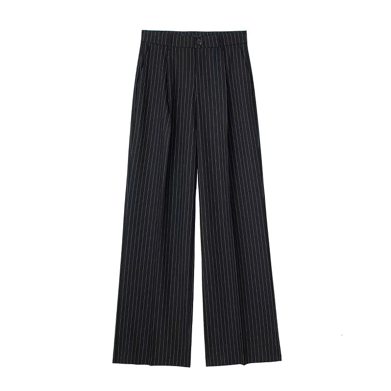TRAF Striped Straight Pants Autumn Womens Elegant Pleated Long Ladies Fashion Casual Office Beige Grey Black 250806