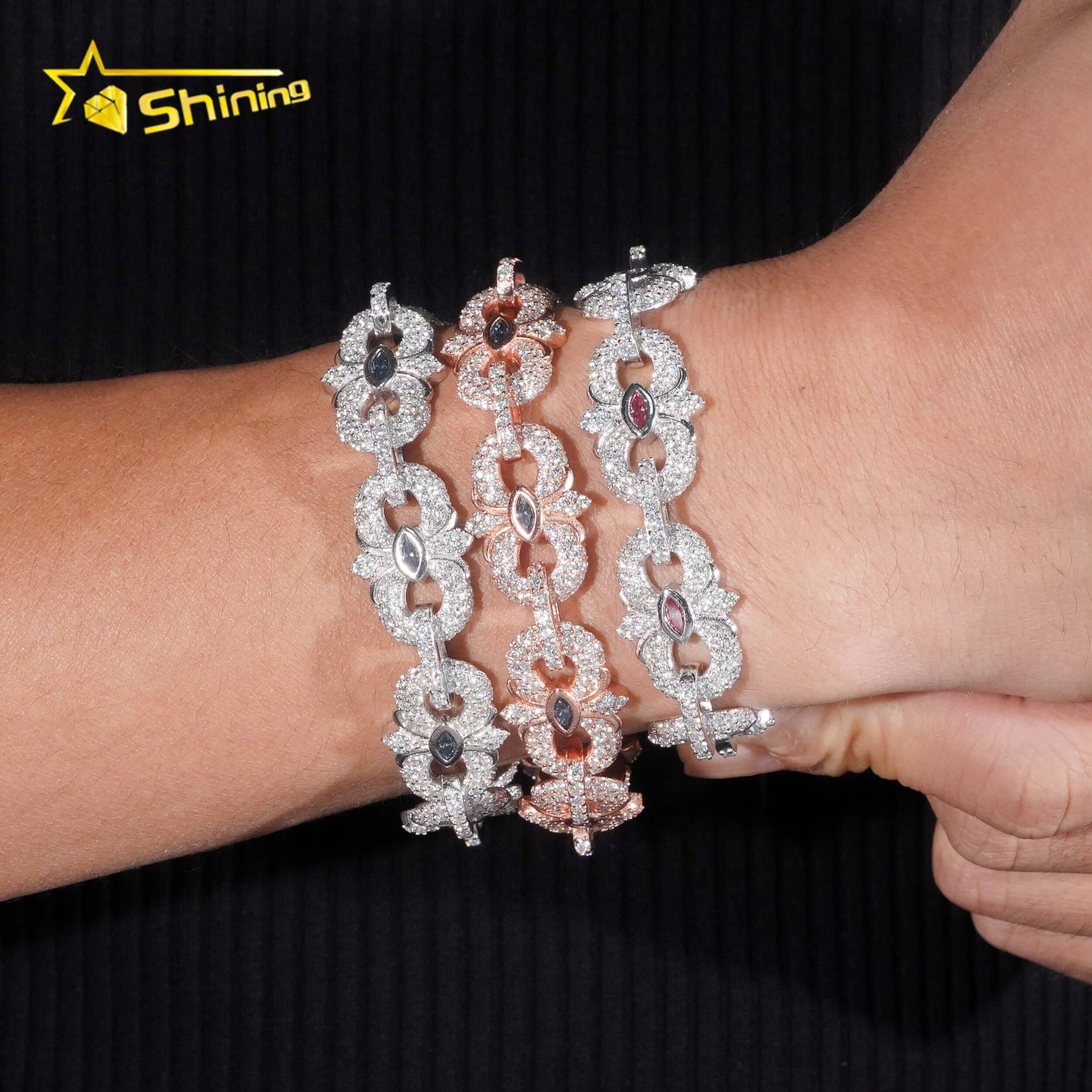 New Arrivals Iced Out Royal Blue Pink Marquise Hip Hop Infinity 16.5mm 925 Sliver VVS Moissanite Bracelet