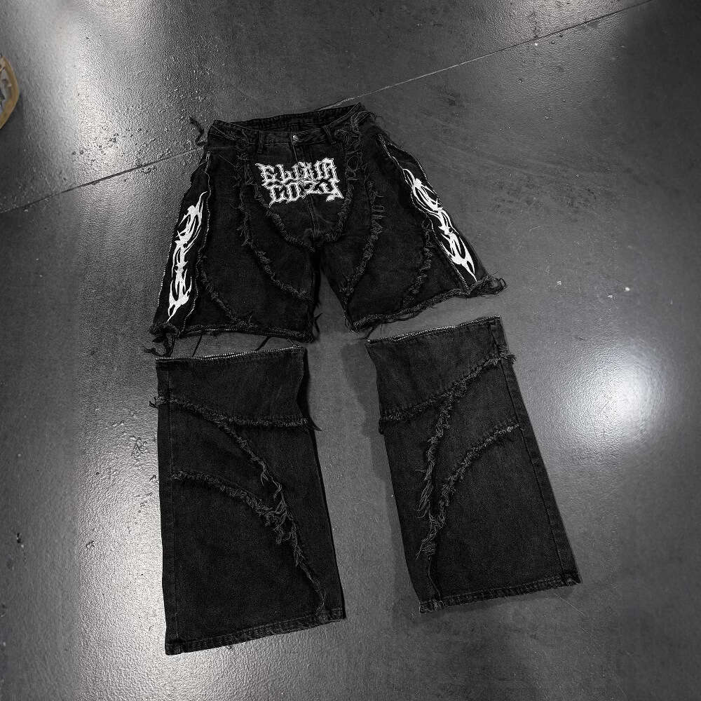 Zipper Patchwork Patch Embroidery Frayed Hem Jeans for Men High Street Design Loose Straight Pants