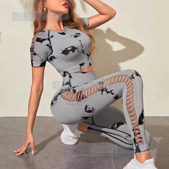 Side Hollow Out Short Sleeve Shorts Long Sleeve Long Pants Tie Dye 4-piece Set Women Outdoor Sports Fitness Yoga Outfit H250806