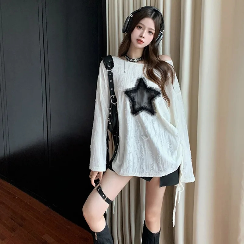 Harajuku Tshirts Fashion Tops Star Hollow Out Long Sleeve T Shirt Korean Kawaii Ropa Mujer Casual Y2k T-shirt Clothes for Teens 250806