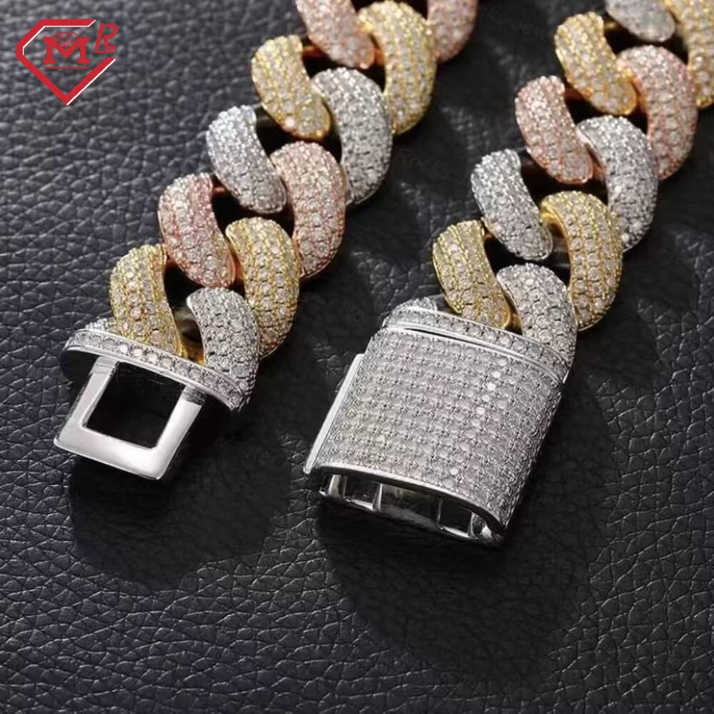 Heavy Custom 15MM Moissanite Cuban Chain Chunky 3 Tone 925 Silver Hiphop Iced Out VVS Cuban Link Chain