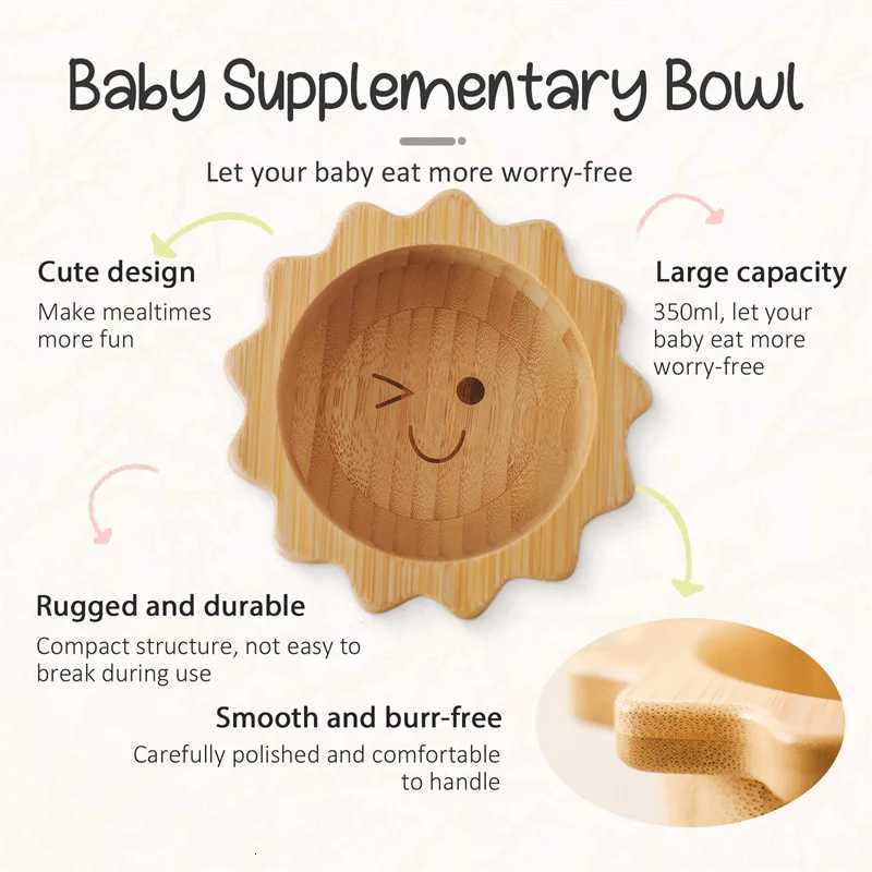 Baby Wooden Tableware Set Sun Bamboo Wooden Plate Bowl Silicone Suction Wooden Handle Fork Spoon for Newborn Feeding Supplies X250806