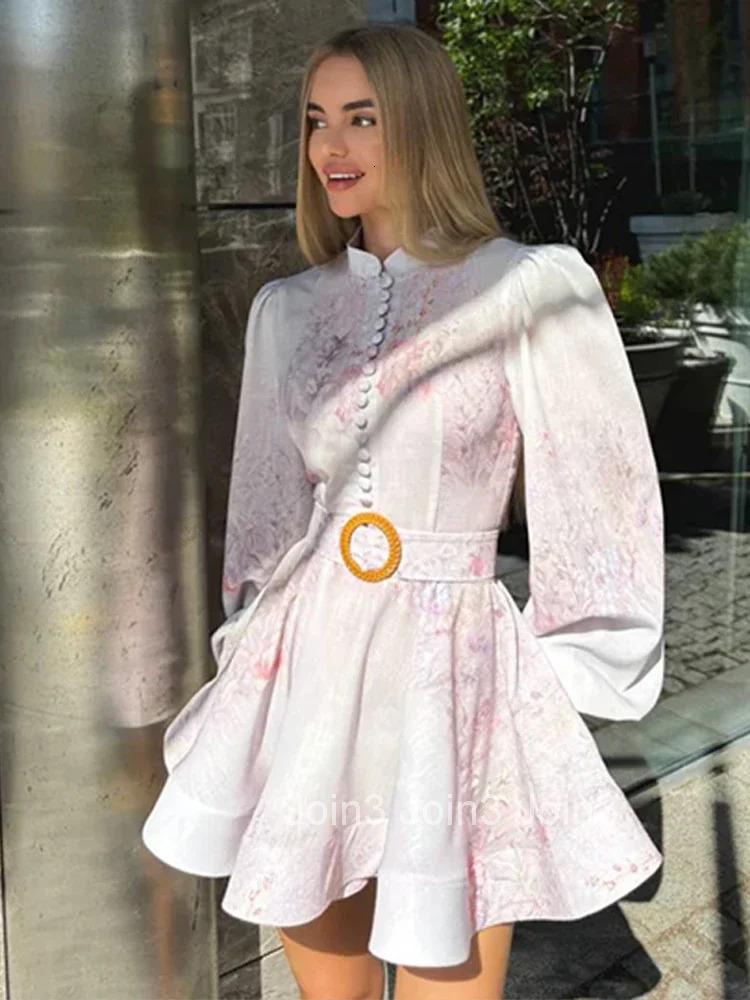 Elegant Printed Short Dress Women With Belt Single Breasted O-neck Long Sleeve A-line Dresses Fashion Party Vestidos Lady