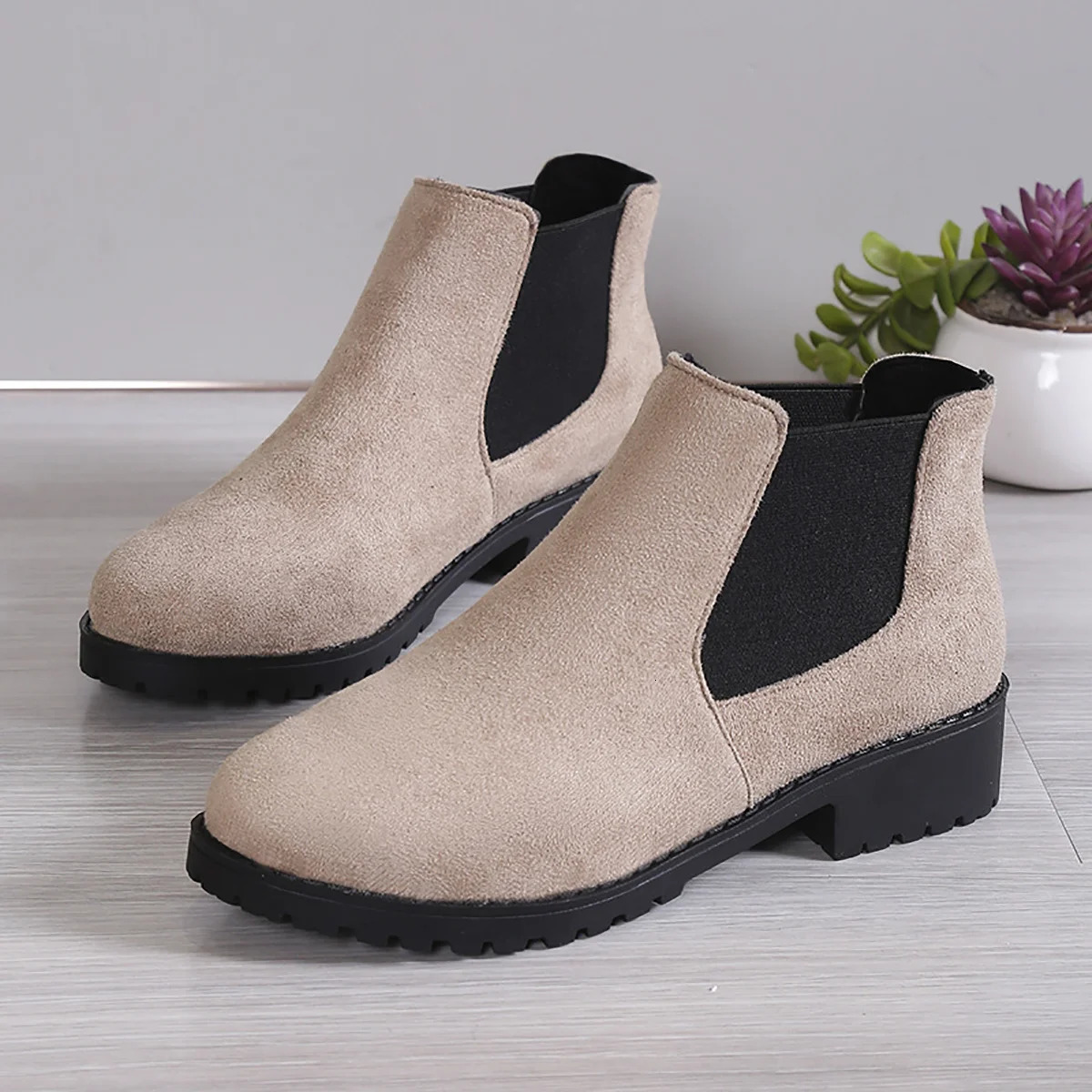 Womens Casual Fashion Round Toe Chunky Heel Suede Ankle Boots With V-cut 7cm Heels For Work And Anti-slip Outfits 250805