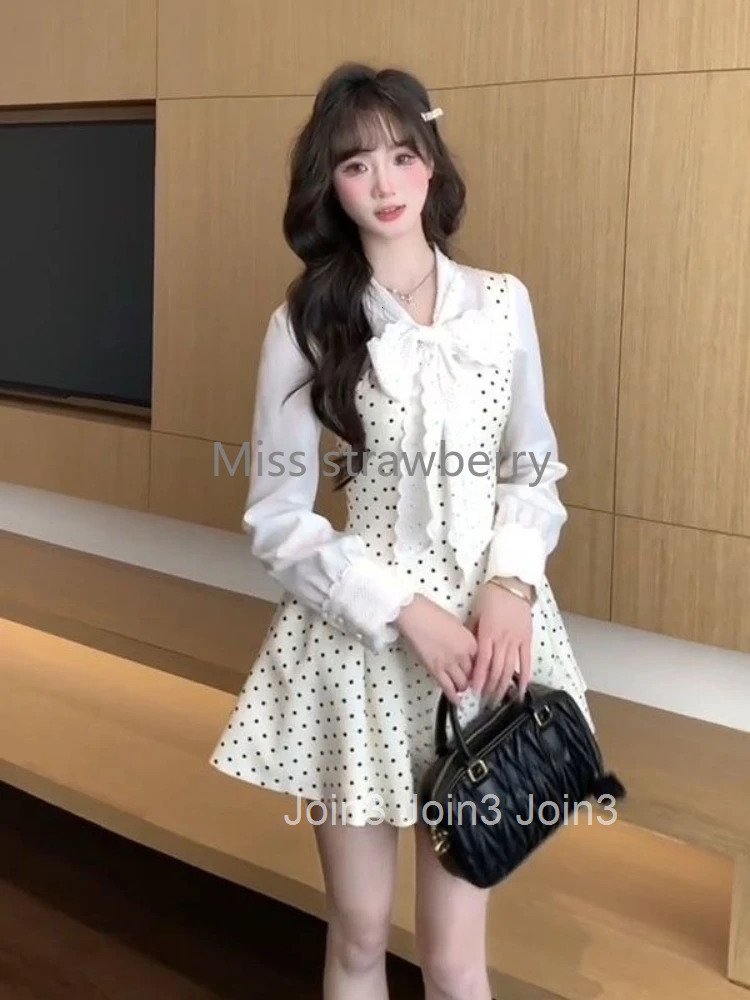 France High Street Elegant Slim Dress Women Design Chic Long Sleeve Bow Polka Dot Sweet Dresses Casual Patchwork Pretty Outfits