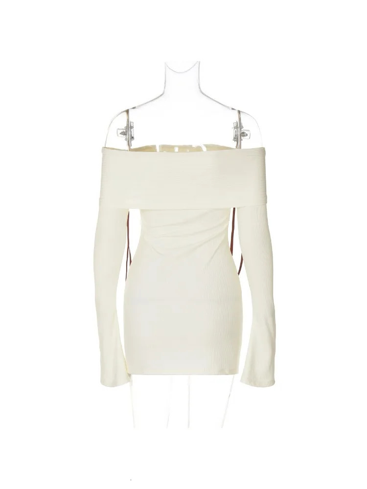 Sexy Off Shoulder Ribbed Knitting Split Bodycon Dress Women Bowknot Tie Skinny Mini Dress Elegant Club Party Vestidos