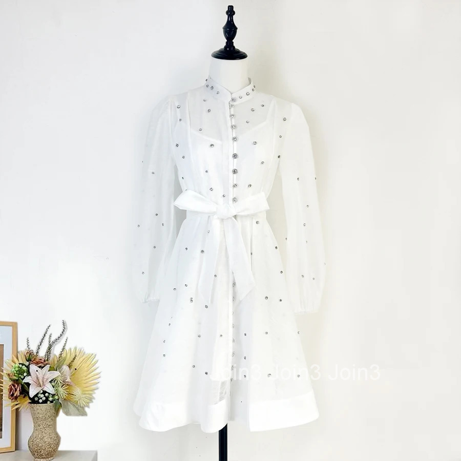 French Luxury Crystal Beaded Wedding Prom Mesh Dress Women Stand Long Lantern Sleeve Diamond Buttons Belt Lace Up Mini Vestidos