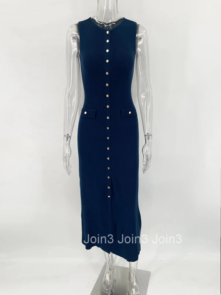 Knit Ribbed Cardigan Maxi Dress Female High Waist Slim Pocket Sleeveless Elegant Party Dress Womens Knitwear Long Dress