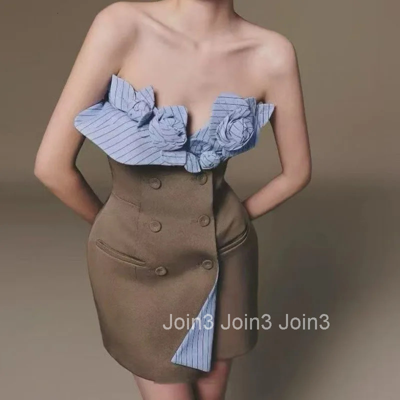 Fashion Elegant 3D Flower Decoration Suspender Dresses For Women Evening Party Contrast Color Dress Female Trendy 11A04976