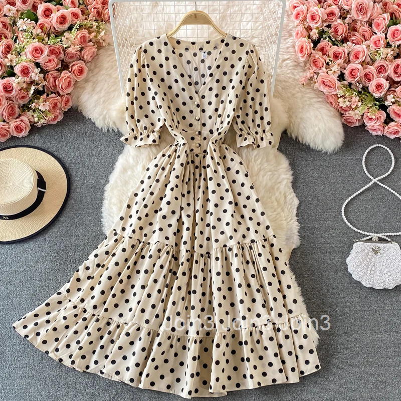 Vintage Elegant Pleated v neck Short Sleeve Dot Dress A-line Fashion Spring summer Beach Vestidos Women Dresses