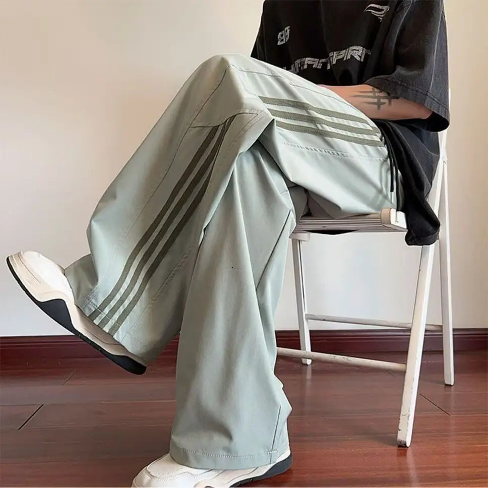 Striped quick-drying ice silk pants mens summer thin loose wide leg s sweatpants teen casual pants 250806
