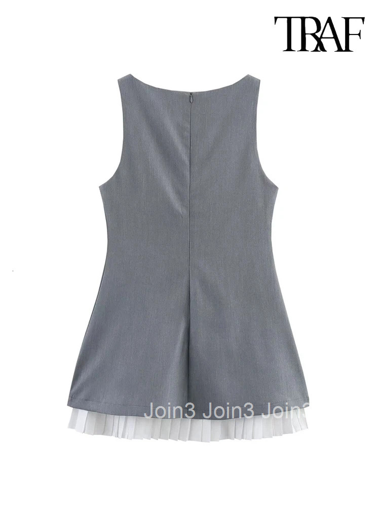 TRAF Womens Fashion Elegant and chic white pleated hem spliced gray dress Sexy Slim round neck sleeveless A-line mini dress