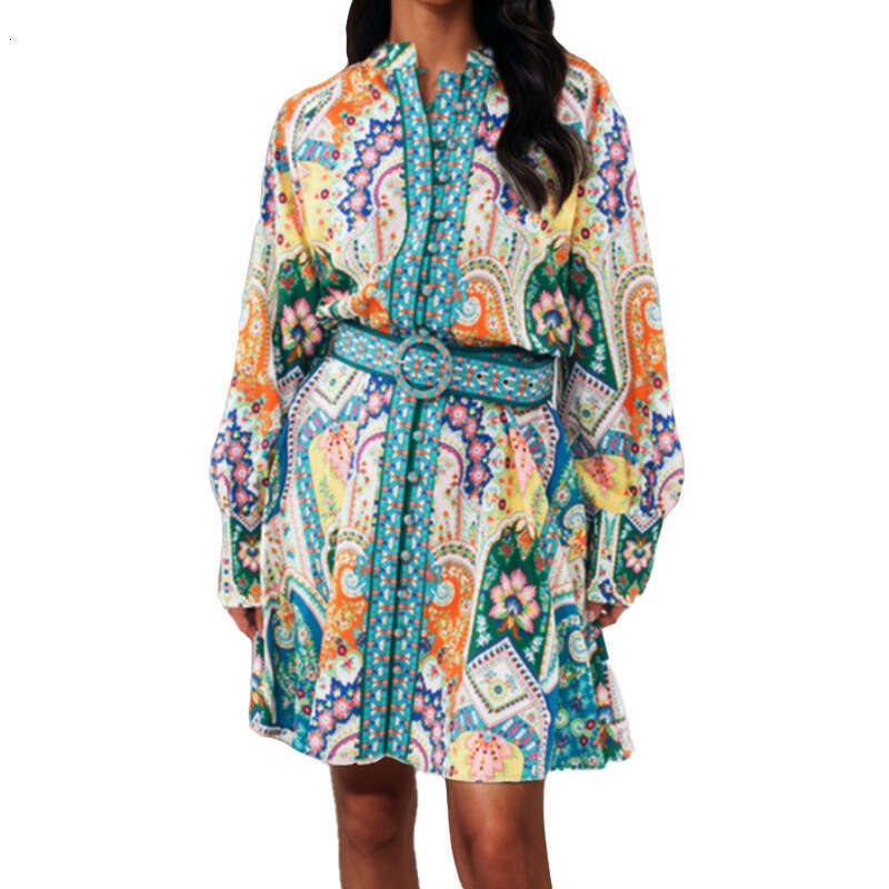 Women's Court Style Vacation With Stand Collar, Lantern Sleeves, Pleated Print, Waist-Cinching Design, Spring Dress B5