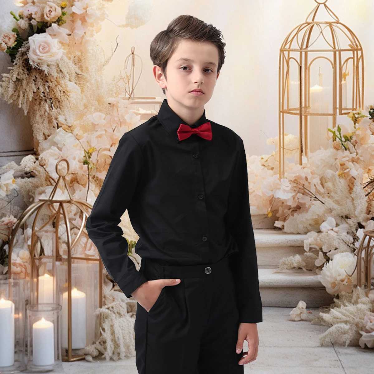 Boys Dress Shirt Kids School Uniform Long Sleeve with Bowtie Formal Gentleman Gift Performance Ceremony Clothes White 6 to 14 years X250806