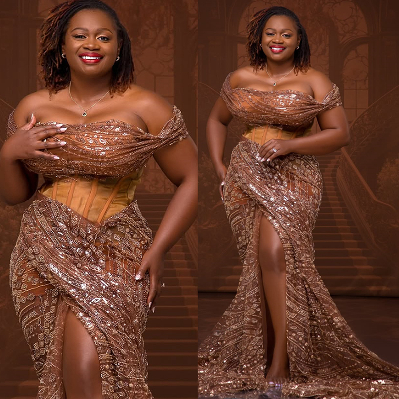 2025 Plus Size Prom Dress Evening Dresses Formal Gowns Off Shoulder High Split Sexy Beaded Lace Birthday Dress Second Reception Gowns For Black Women 