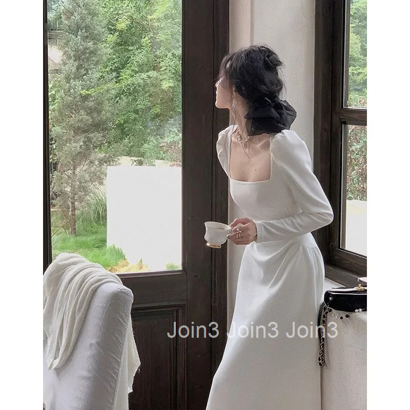 Elegant Unique White French Style Womens Dress Square Collar Long Skirt Fashionable Autumn New Arrival High-End Sensation