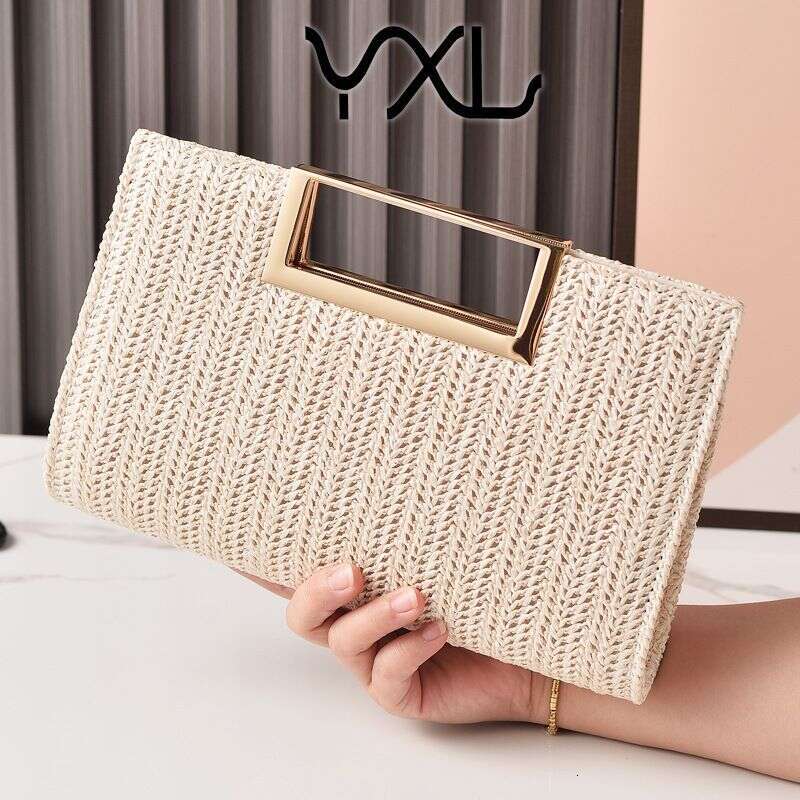 2025 New High-End Straw Woven With Square Buckle Hardware Clutch Simple Evening Solid Color Bag