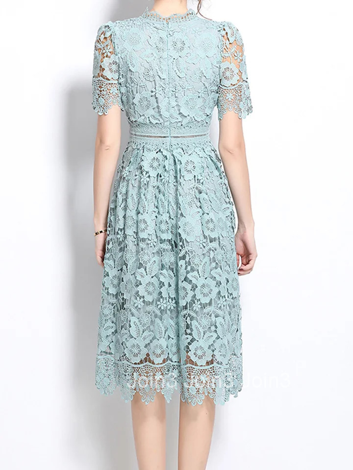 HAM Elegant Lace Hollow Out Midi Dresses Womens Summer O Neck Short Sleeve Casual Long Dress Party Vestidos