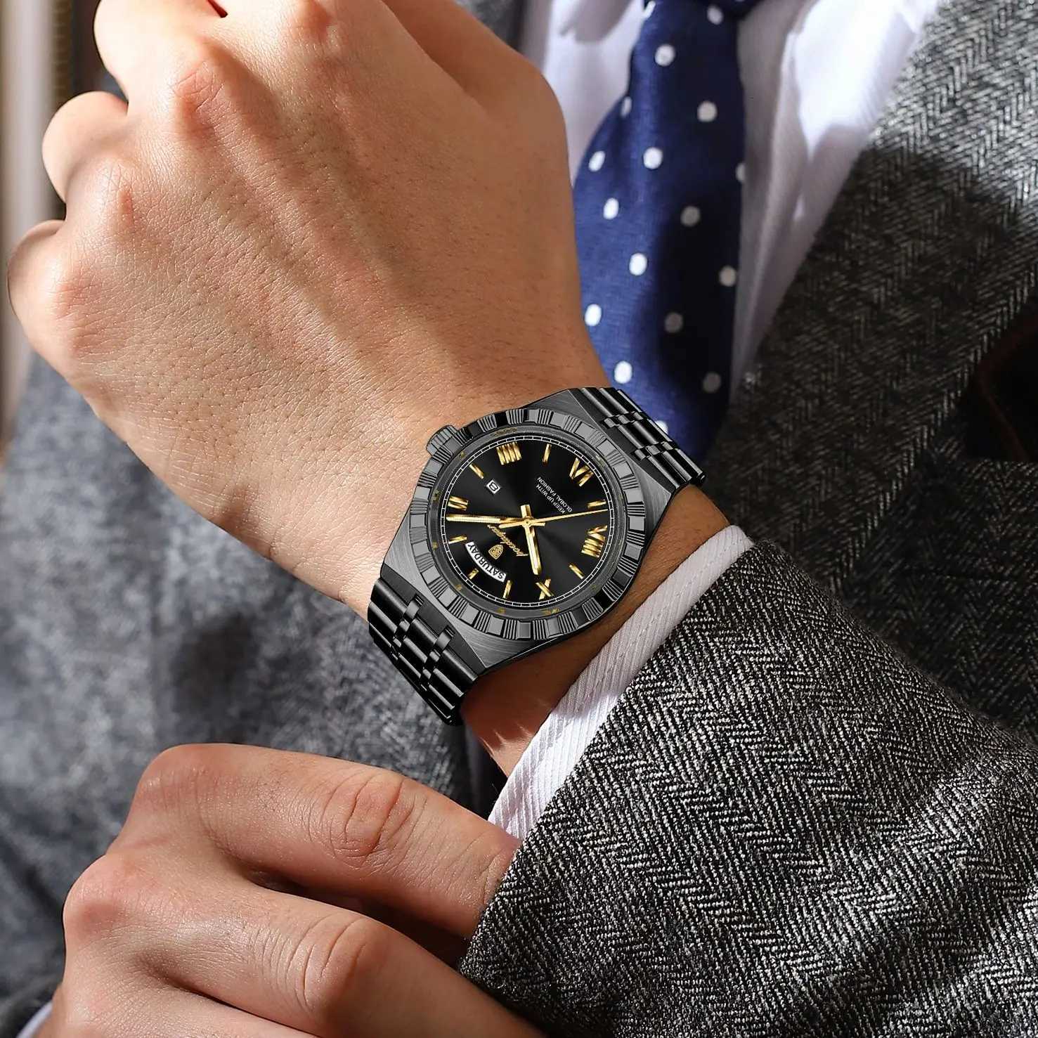 POEDAGAR Sports Men Wrist Week Date Stainless Steel Casual Men Luminous Waterproof Quartz Fashion Mens Watch W250806