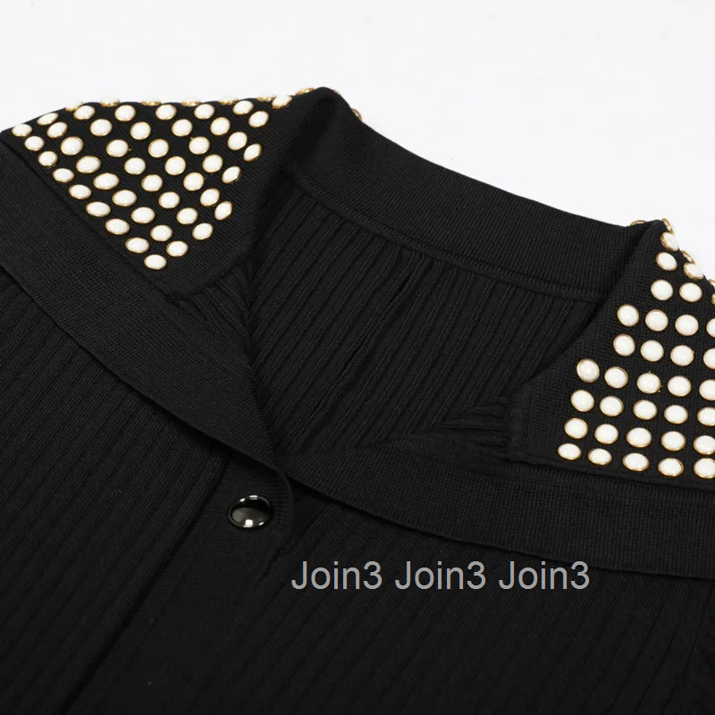 French Elegance Summer Womens Knit Dress | Notched Lapel Beaded Midi Dress | Slim Fit Short Sleeve Tunic