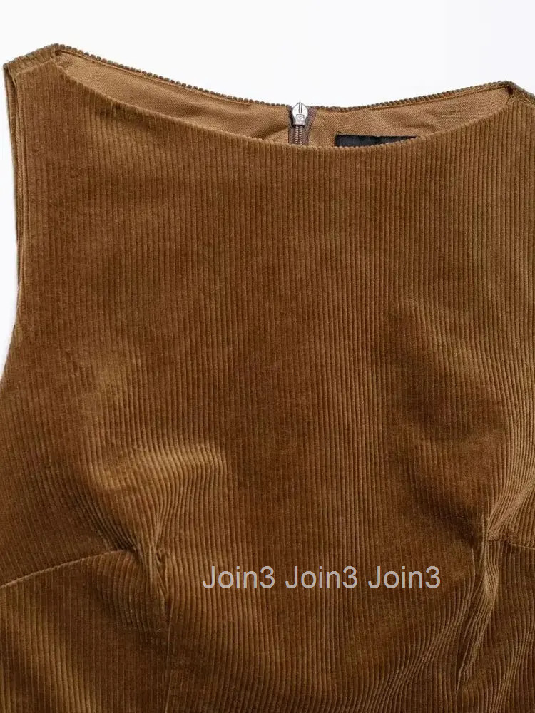 Womens Corduroy Mini Dress with Belt O Neck Sleeveless Back Zipper Female Dresses Fashion