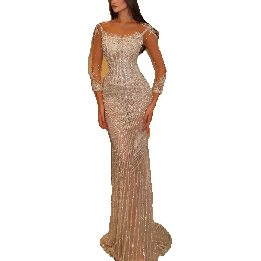 Luxurious Scoop Pearls Wedding Dress Elegant Beaded Sequined Lace Mermaid Bride Dresses Customized Long Sleeve Bridal Gown