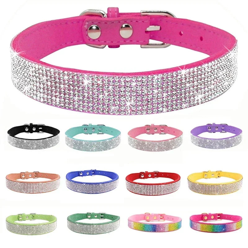 Suede Fiber Crystal Dog Collar Comfortable Glitter Rhinestone Dog Collars Zinc Alloy Buckle Collar for Small Dogs Cats XXS-XL 250805