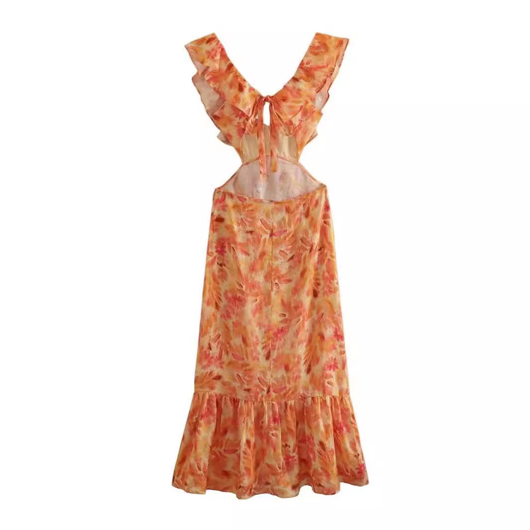 2025 summer lace up dress, summer new fashion design, niche cross pleated printed long skirt, women's new designer dress