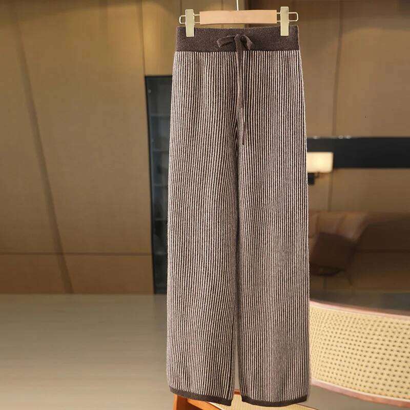 100% Merino Wool Women's Knitted Trousers, Fashionable, Warm, Vertical Stripe Pattern, Wide-Leg Pants, New Autumn And Winter 24 250806