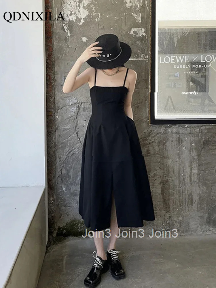 Elegant French Black Spaghetti Strap Dress Audrey Hepburn Style High Waist Slit Midi Dress for Women Sexy Summer Party Outfit