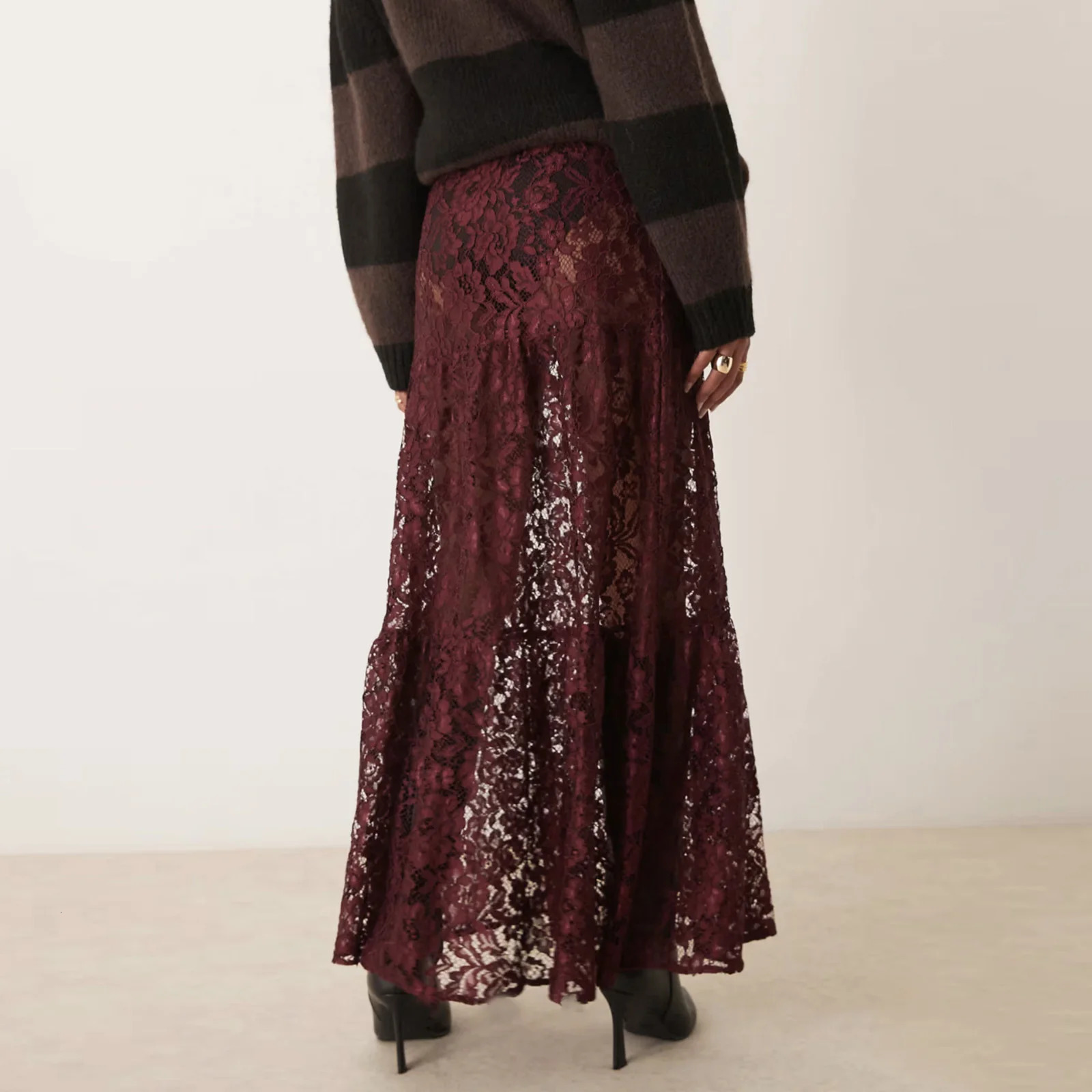 Combhasaki Womens Summer Y2K Vintage Floral Lace Sheer See-Through Elastic High Waist Ruffled Hem Swing A-Line Long Skirts 250806