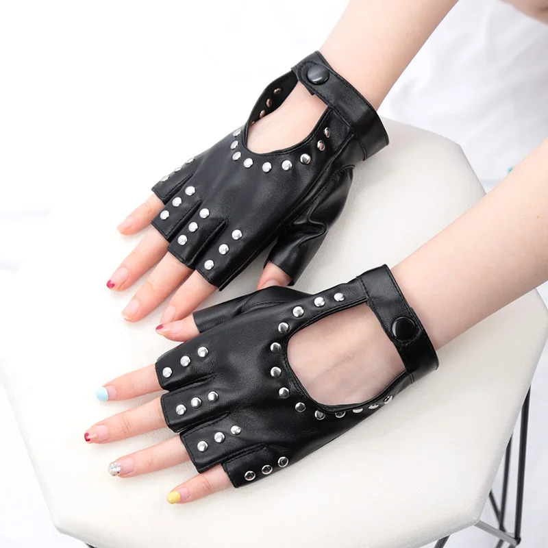 Black Gothic Rivets Fingerless Gloves Semi-Fingers Breathable Driving Men Women Pu Leather Punk Gloves Halloween Dance Gloves 250806