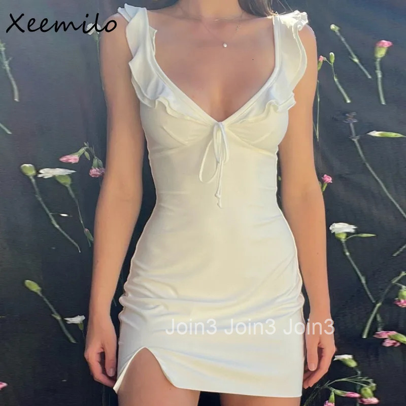 WhereMery Fashion Women Backless Sleeveless V-Neck Dress Elegant Ruffle Split Mini Summer Slim Party Clubwear Sexy Vestidos