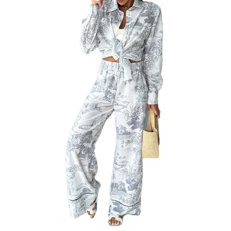 New Women's Printed Shirt Sleeve Wide-Leg Pants Versatile Fashion Two-Piece Set 661 B5