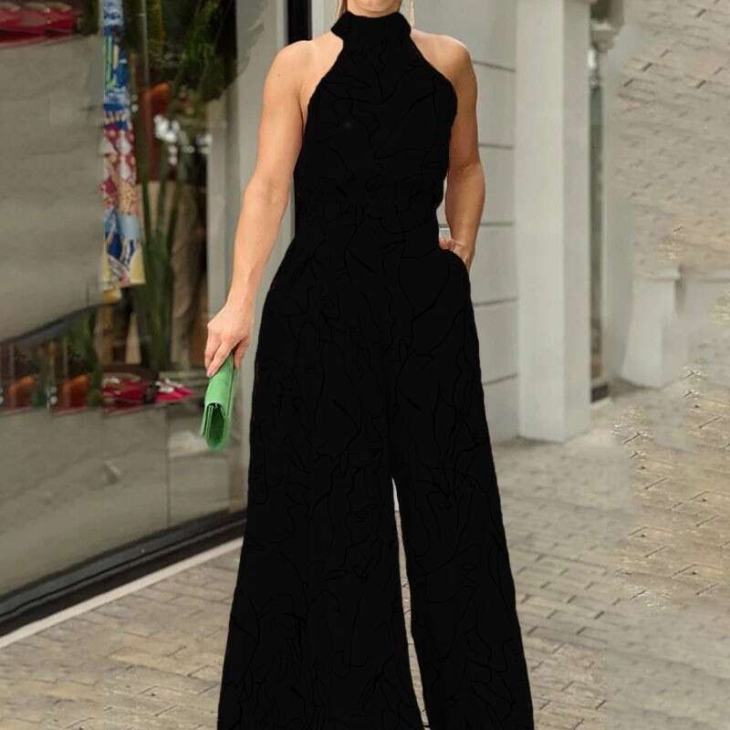 Spring Women's Elegant High-Waisted Sleeveless Round Neck Sexy Wide-Leg Jumpsuit B5