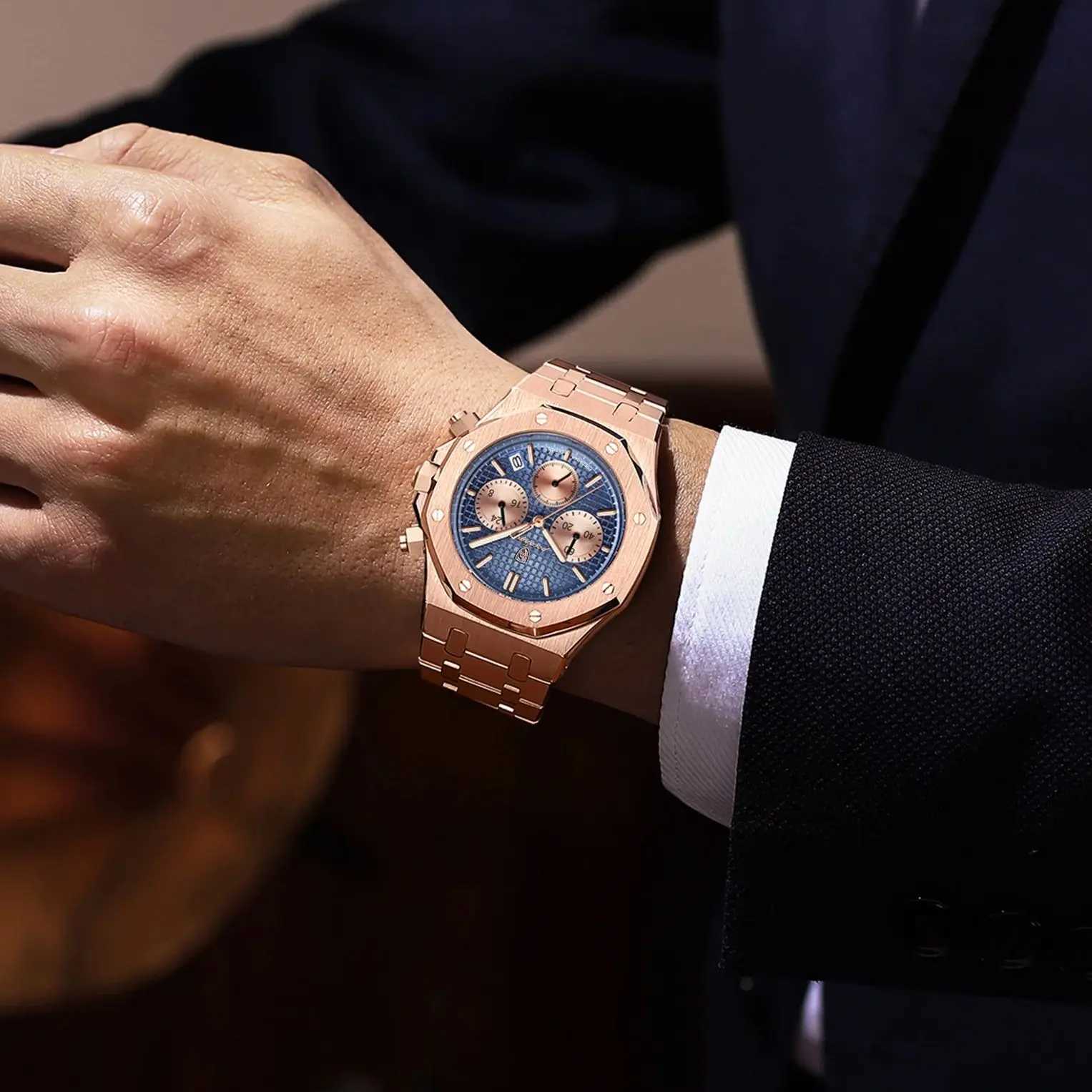 POEDAGAR Luxury Mens Stainless Steel Date Chronograph Male Waterproof Luminous Military Quartz Wristwatch for Men W250806