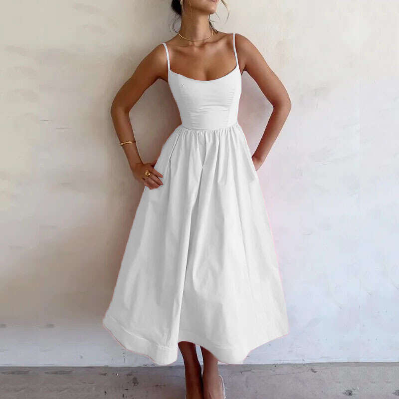 Summer New Women's Elegant Strap Dress, Solid Color High Waist Flared Dress B5