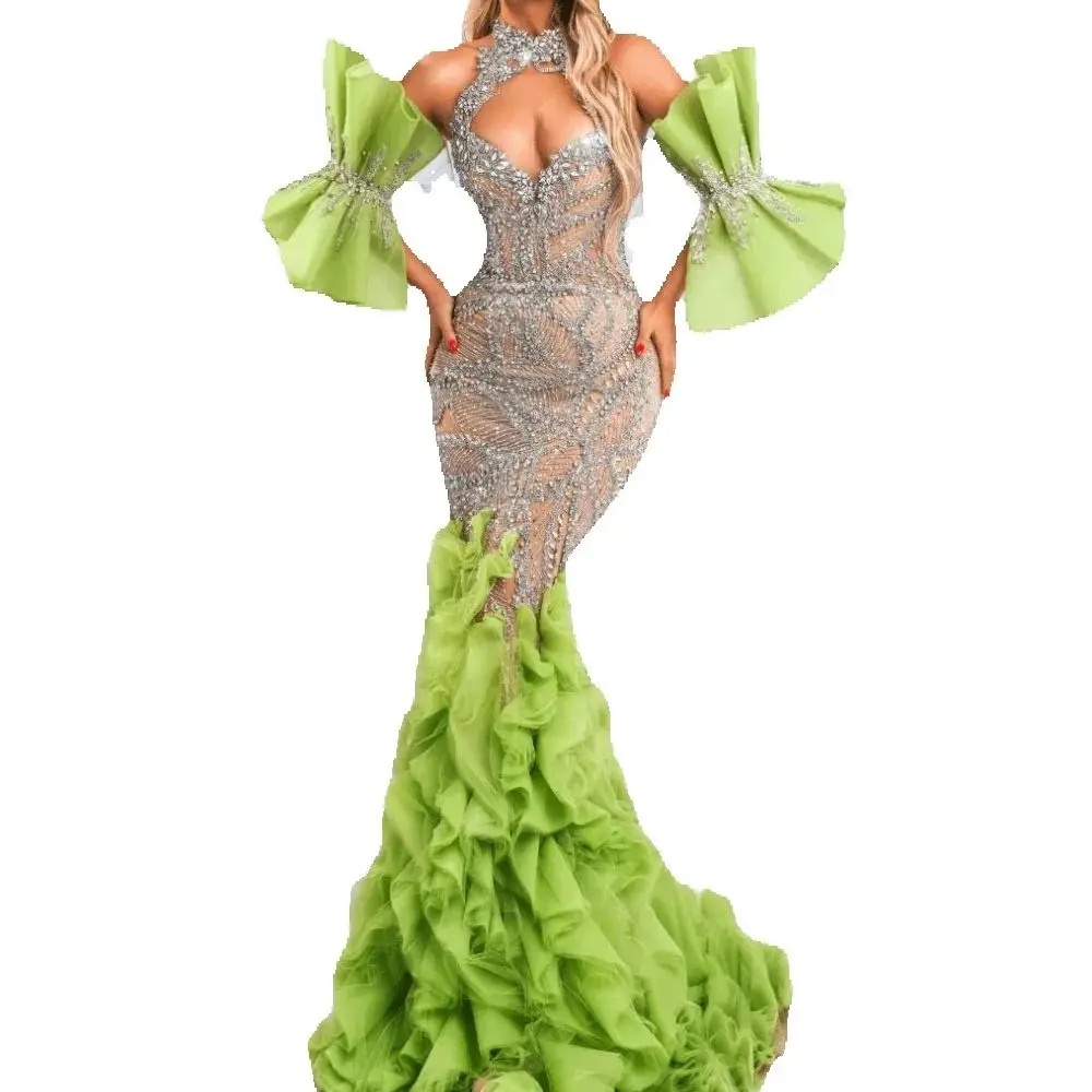 Elegant Beading Crystal Evening Dresses Customized Fashion High Neck Prom Dress Floor Length Ruffle Mermaid Party Gown