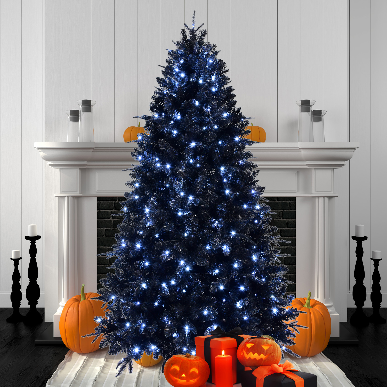 Black Christmas tree quality PE/PVC mixed tips with white led, Pre-lit design, saff and durableloe, Halloween decorations, 4-9ft