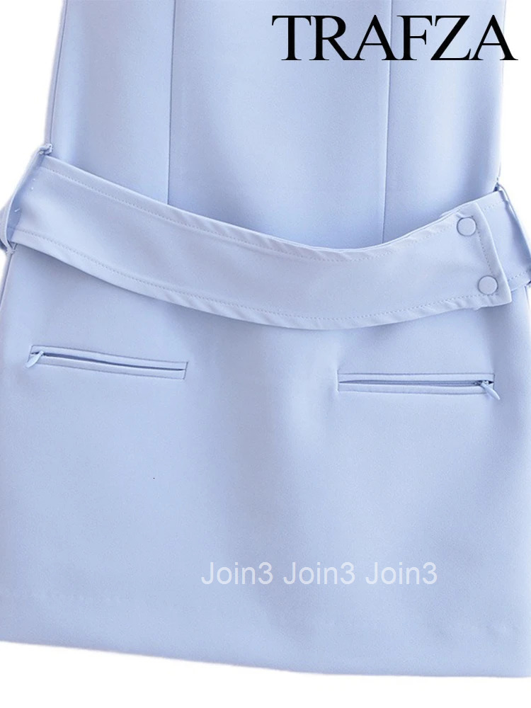 TRAF Womens Summer Solid Colour Sleeveless Round Neck Mini Dress Elegant Belt Decoration Zipper Casual Womens Short Dresses