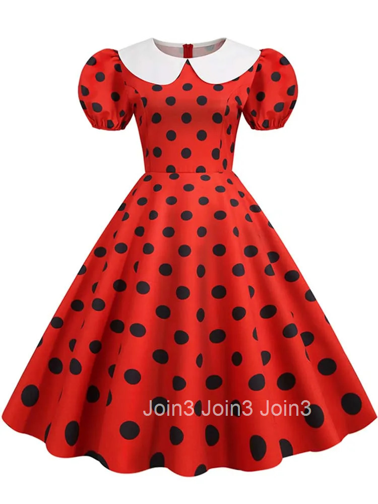Elegant Women Summer Dress Puff Short Sleeve Polka Dot Peter pan Collar Vintage A-line Midi Long Party Sundress Robe Femme