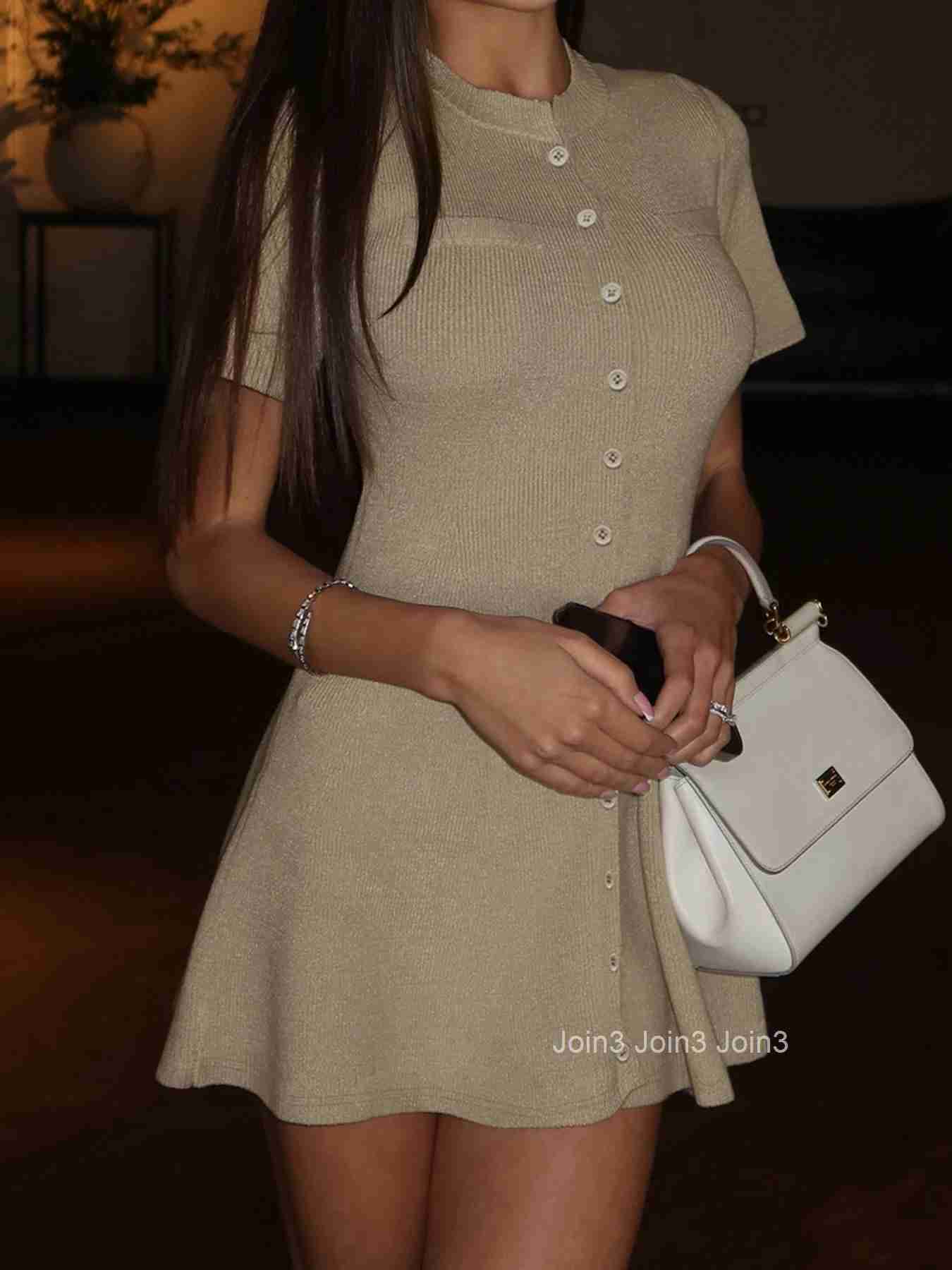 Cuteandpsycho Knitted A-line Casual Elegant Dress Basic Slim Solid Button Vintage Short Sleeved Clothes Harajuku Elastic Outfits