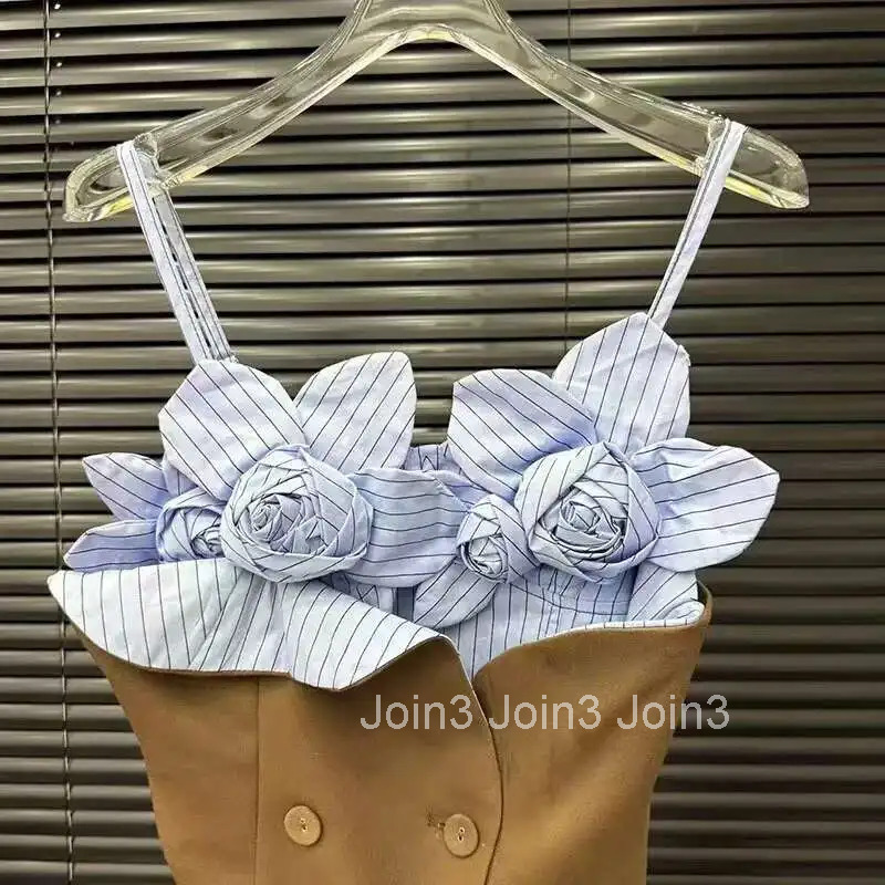 Fashion Elegant 3D Flower Decoration Suspender Dresses For Women Evening Party Contrast Color Dress Female Trendy 11A04976