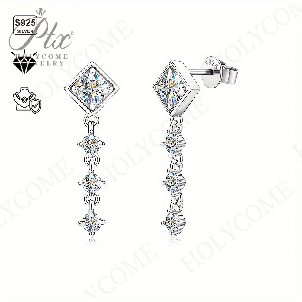 Rhombus Round Full D Moissanite Drop Stud Earrings for Women Real 925 Sterling Silver Original High Quality Fine Jewelry Trend Accessories Anniversary