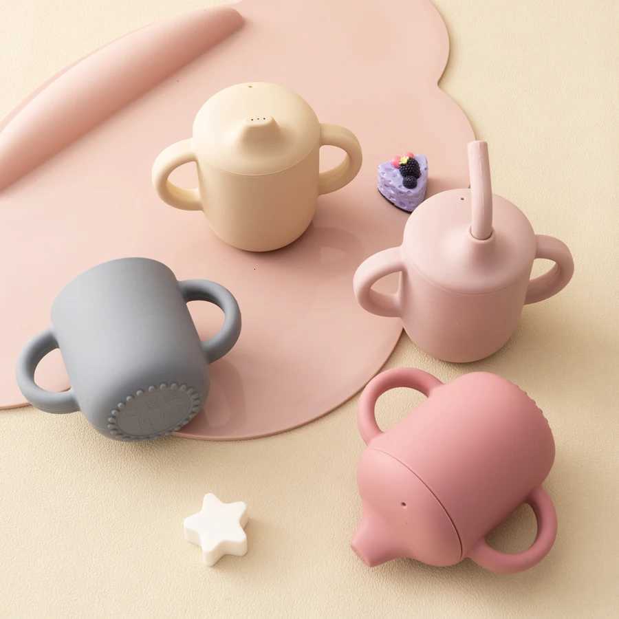 1PC Silicone Baby Cups Sippy Cup Double Lid Water Bottle Kids Portable Baby Tableware Learning Feeding Baby Item BPA Free X250806