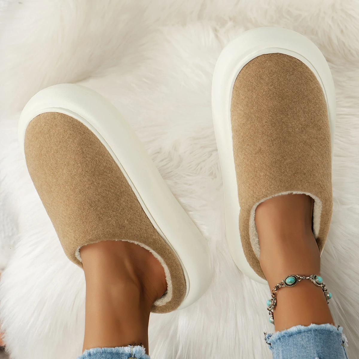 Womens Winter Solid Color Casual Comfortable Anti-slip Warm Plush Slippers Cover Toe Slip-On Home Slippers 250731
