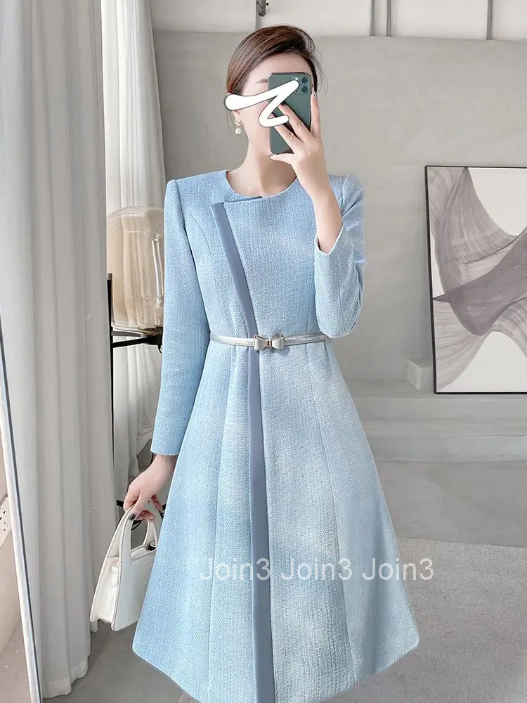 Autumn/Winter High End Temperament Blue A-line Elegant Dress Socialite Commuting Belted Waist Slimming Maxi Dress for Women