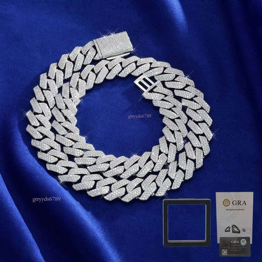 S Sier Moissanite Cuban Chain High-Quality 18mm Three-Row Dia Hip-Hop Necklace