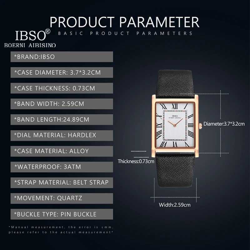 IBSO Ultra-Thin Rectangle Dial Mens Quartz Luxury Business Style Genuine Leather Strap Waterproof New Mens Wristwatch W250806
